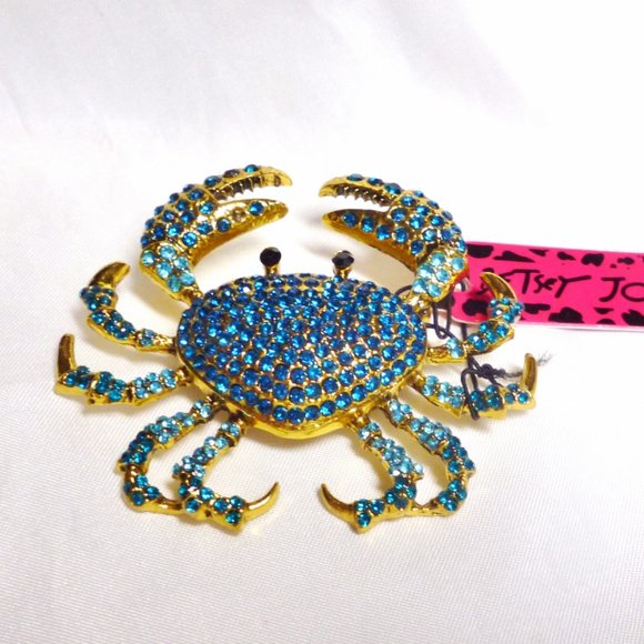 RARE Betsey Johnson Crab Pin Blue Crystals & Gold Tone 2 3/8"NWT Perfect Cond - Picture 2 of 3